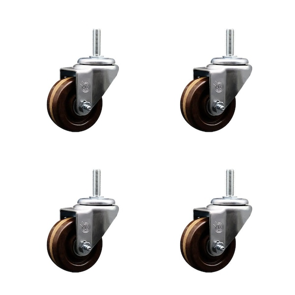 3 Inch High Temp Phenolic Wheel Swivel 58 Inch Threaded Stem Caster Set